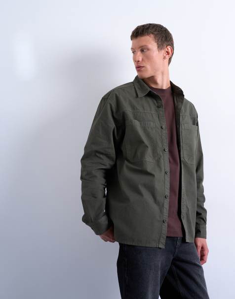 Topman regular fit ripstop overshirt in washed khaki - view 1