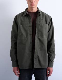Model wearing Regular fit ripstop overshirt in washed khaki