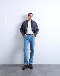 Model wearing Regular fit sheer check shirt in navy