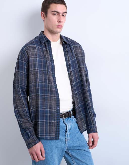 Topman regular fit sheer check shirt in navy, 4 of 5