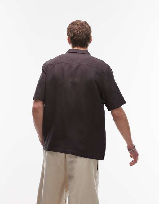 Topman regular fit short sleeve linen blend shirt in black, 3 of 4