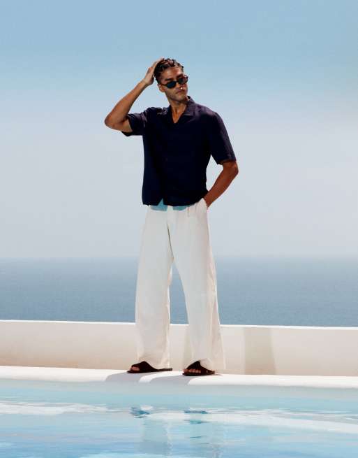 Topman regular fit short sleeve linen blend shirt in navy