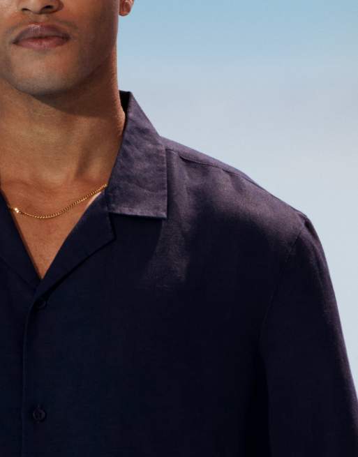 Topman regular fit short sleeve linen blend shirt in navy