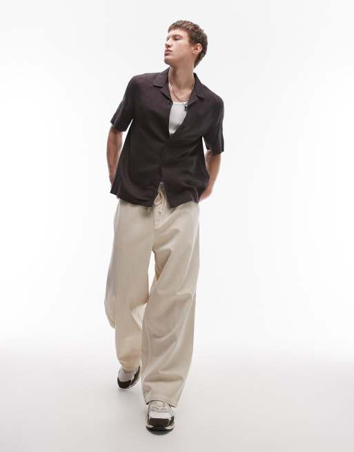 Topman regular fit short sleeve linen-look shirt in black, 4 of 4
