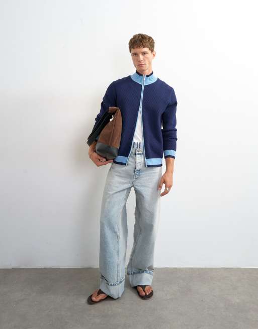 Topman regular fit stickad track-kofta i blått, 3 av 5