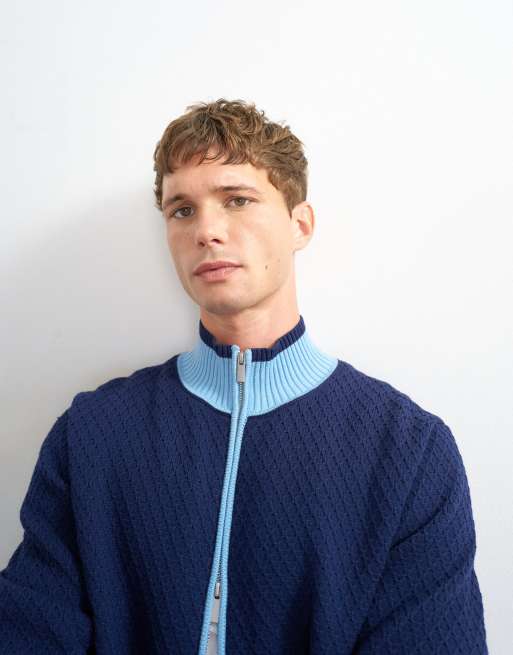 Topman regular fit stickad track-kofta i blått, 4 av 5