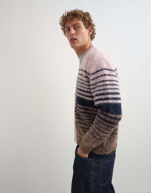 Topman regular fit stribet strikket cardigan med farveovergang i pink, 2 af 5