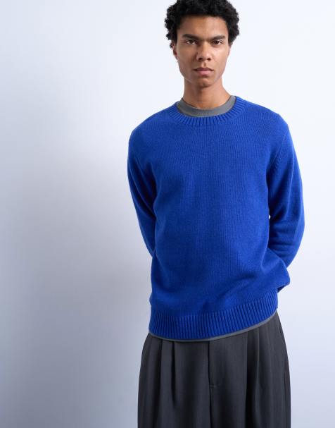 Topman – Regular-Fit-Strickpullover in Kobaltblau mit Rundhalsausschnitt und Wollanteil - view 1