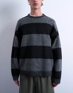 Model wearing Regular fit stripe crew in black and charcoal