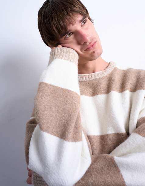 Topman regular fit stripe crew in stone and brown - view 1