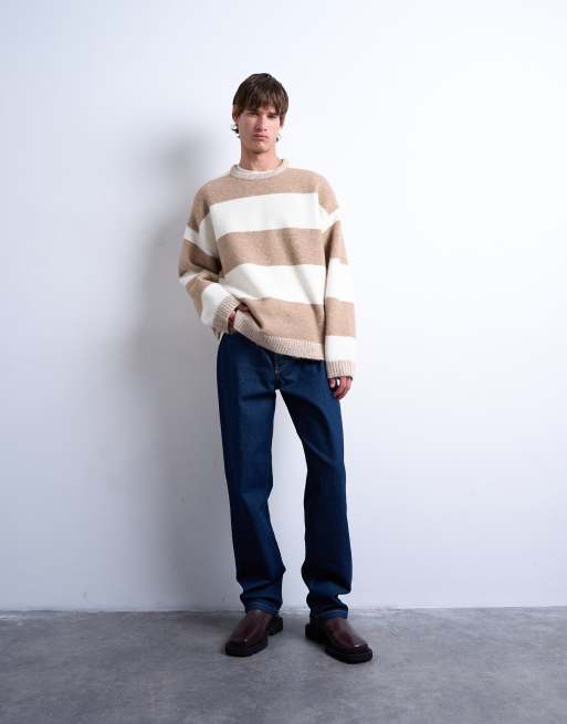 Topman regular fit stripe crew neck jumper in stone and brown, 3 of 5