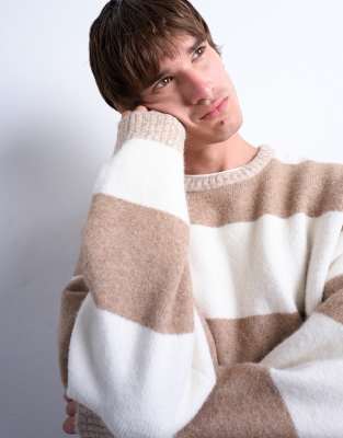 Topman Regular Fit Striped Crew Neck Sweater In Brown
