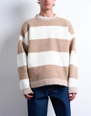 Topman Regular Fit Striped Crew Neck Sweater In Brown
