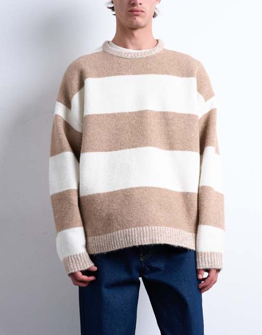 Topman regular fit striped crew neck sweater in stone and brown, 2 of 5