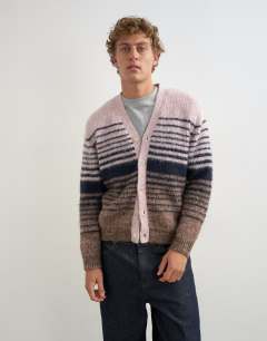 Model wearing Regular fit striped knitted cardigan with ombre in pink
