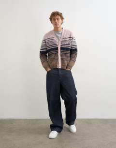 Model wearing Regular fit striped knitted cardigan with ombre in pink