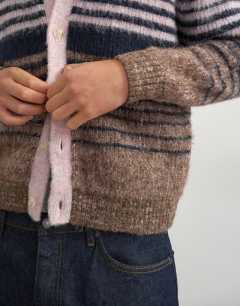 Model wearing Regular fit striped knitted cardigan with ombre in pink