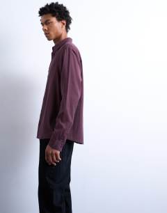 Model wearing Regular fit texture sheer shirt in burgundy