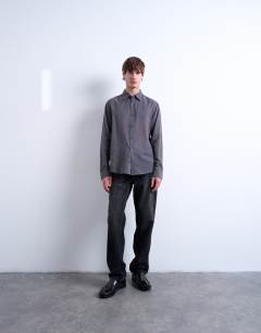 Model wearing Regular fit texture sheer shirt in charcoal