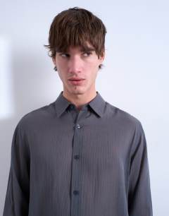 Model wearing Regular fit texture sheer shirt in charcoal