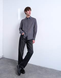 Model wearing Regular fit texture sheer shirt in charcoal