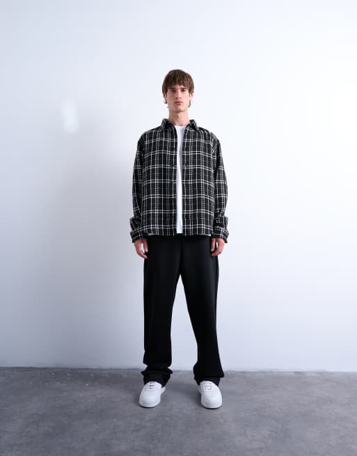 Topman regular fit textured check overshirt in black, 2 of 5