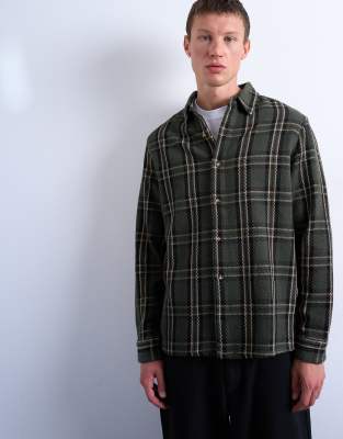 Topman Regular Fit Textured Check Overshirt In Green