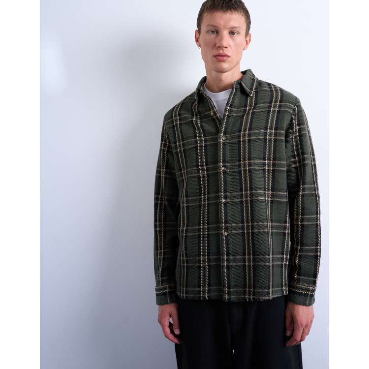 Topman regular fit textured check overshirt in green | ASOS