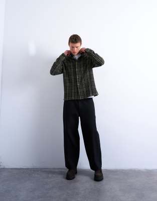 Topman Regular Fit Textured Check Overshirt In Green