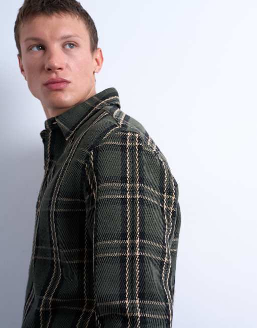 Topman regular fit textured check overshirt in green | ASOS