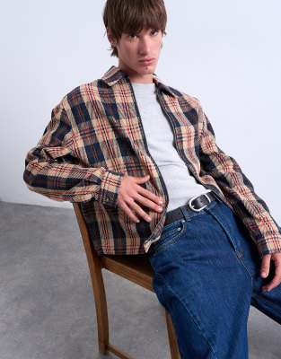 Topman Regular Fit Textured Check Overshirt With Zip In Blue