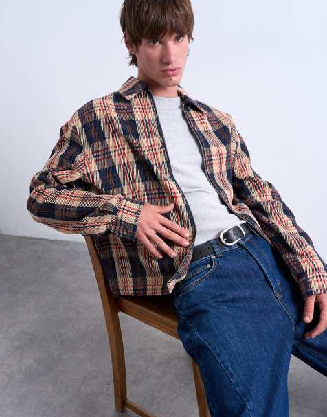 Topman regular fit textured check overshirt with zip in navy - view 1