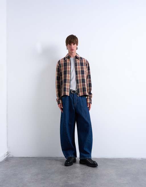 Topman regular fit textured check overshirt with zip in navy ASOS