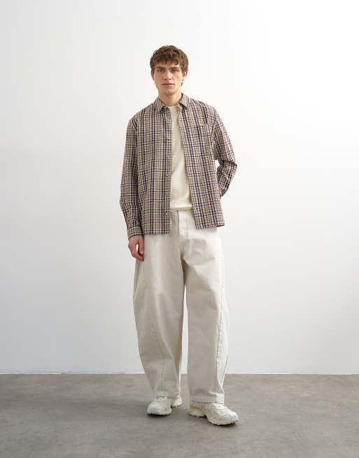 Topman regular fit textured check shirt in brown, 2 of 5