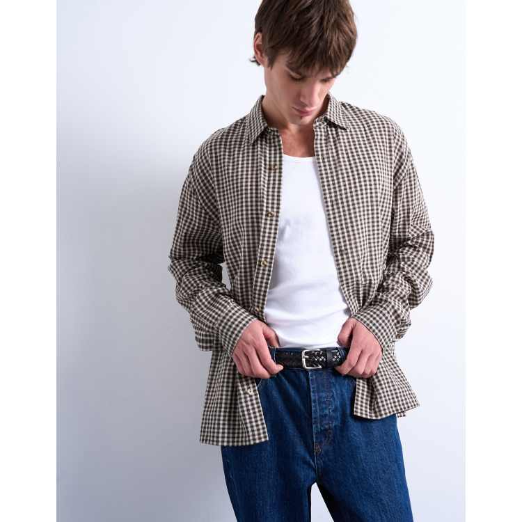 Topman regular fit textured gingham check shirt in brown ASOS