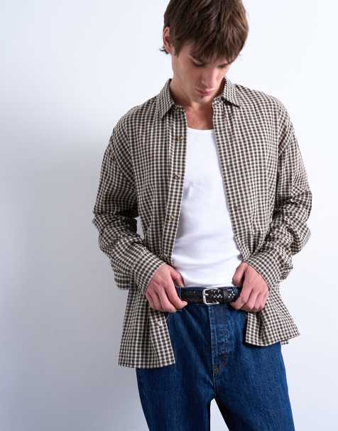 Topman regular fit textured gingham check shirt in brown