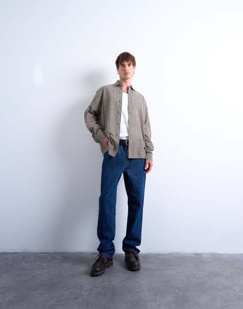 Topman regular fit textured gingham check shirt in brown - view 1