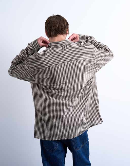 Topman regular fit textured gingham check shirt in brown, 3 of 5