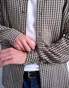Model wearing Regular fit textured gingham check shirt in brown