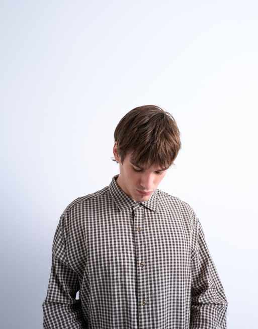 Topman regular fit textured gingham plaid shirt in brown, 4 of 5