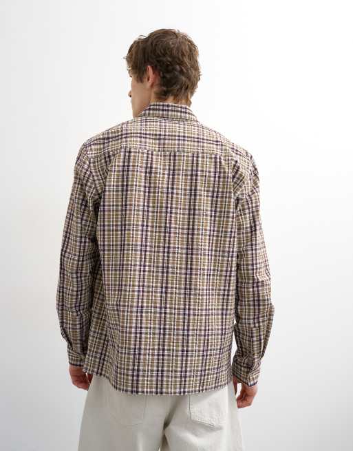 Topman regular fit textured plaid shirt in brown, 3 of 5