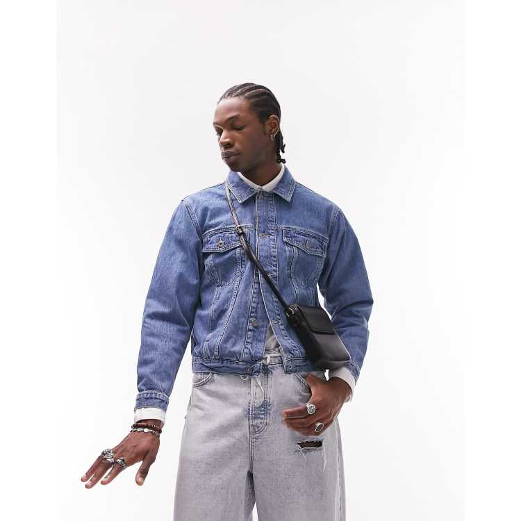 Topman regular fit western denim jacket in light wash blue