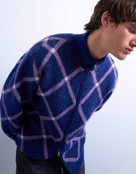 Topman regular fit zip through funnel neck argyle knitted cardigan in purple - view 1