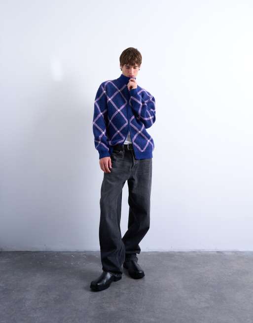 Topman regular fit zip-through funnel neck argyle knitted cardigan in purple, 3 of 5