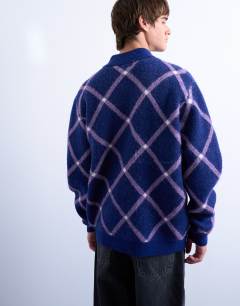 Model wearing Regular fit zip through funnel neck argyle knitted cardigan in purple