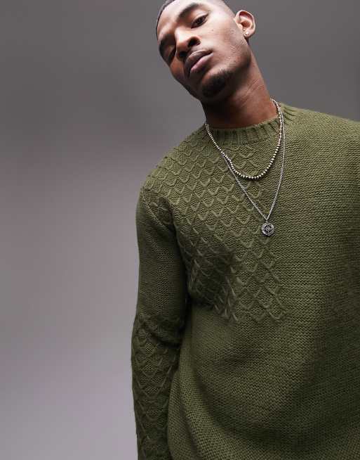 Topman regular knitted crew neck jumper with mix stitch in khaki