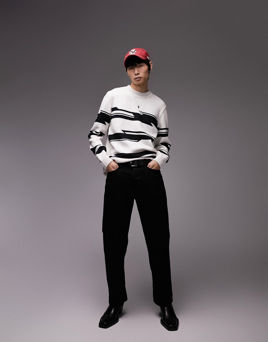 Topman Regular Knitted Crew Neck Jumper With Twisted Stripe In Mono-Black