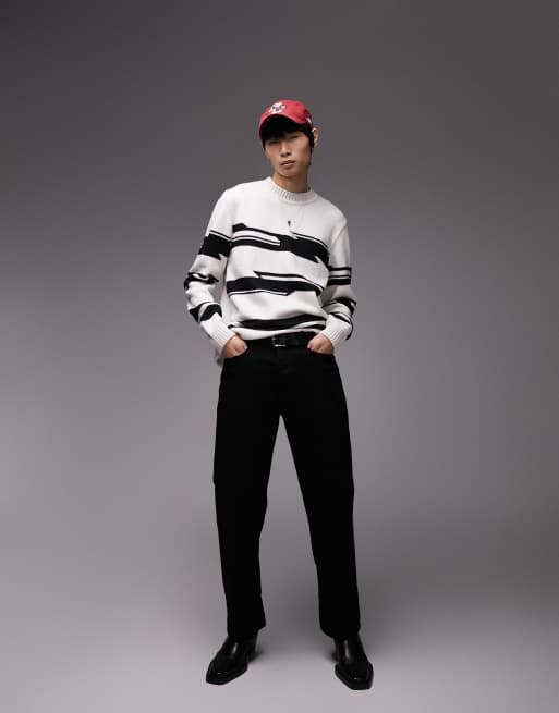 Topman regular knitted crew neck jumper with twisted stripe in mono