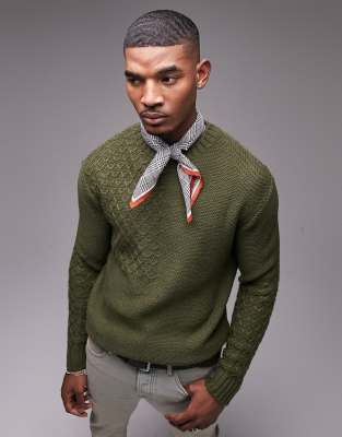 Topman regular knitted crew neck sweater with mix stitch in khaki-White