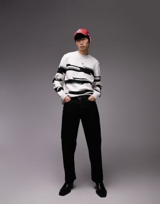 Topman regular knitted crew neck sweater with twisted stripe in mono-Black